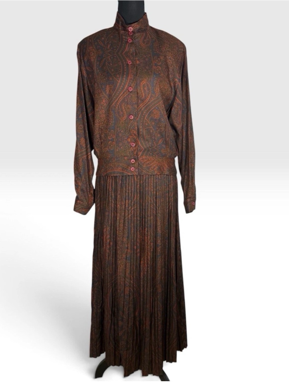 Vintage 70s John Meyer Paisley 2 Piece Blouse Pleated Maxi Skirt Set Size 14